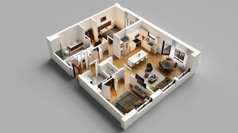 a 3d floor plan of a two bedroom apartment